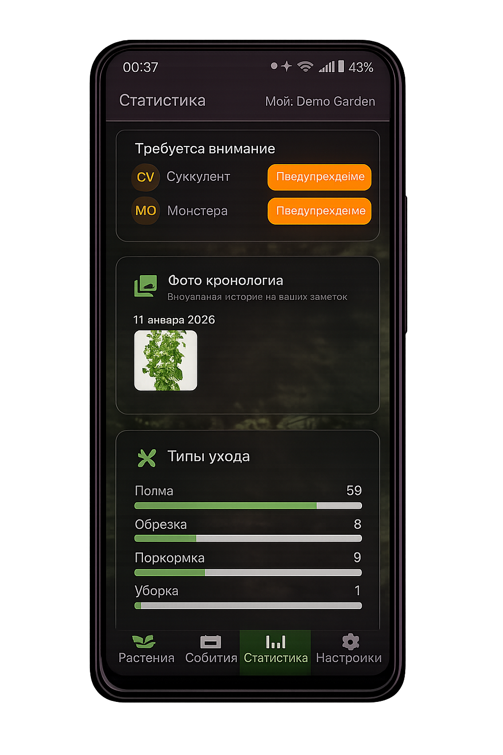 Экран GrowMaster: аналитика заботы