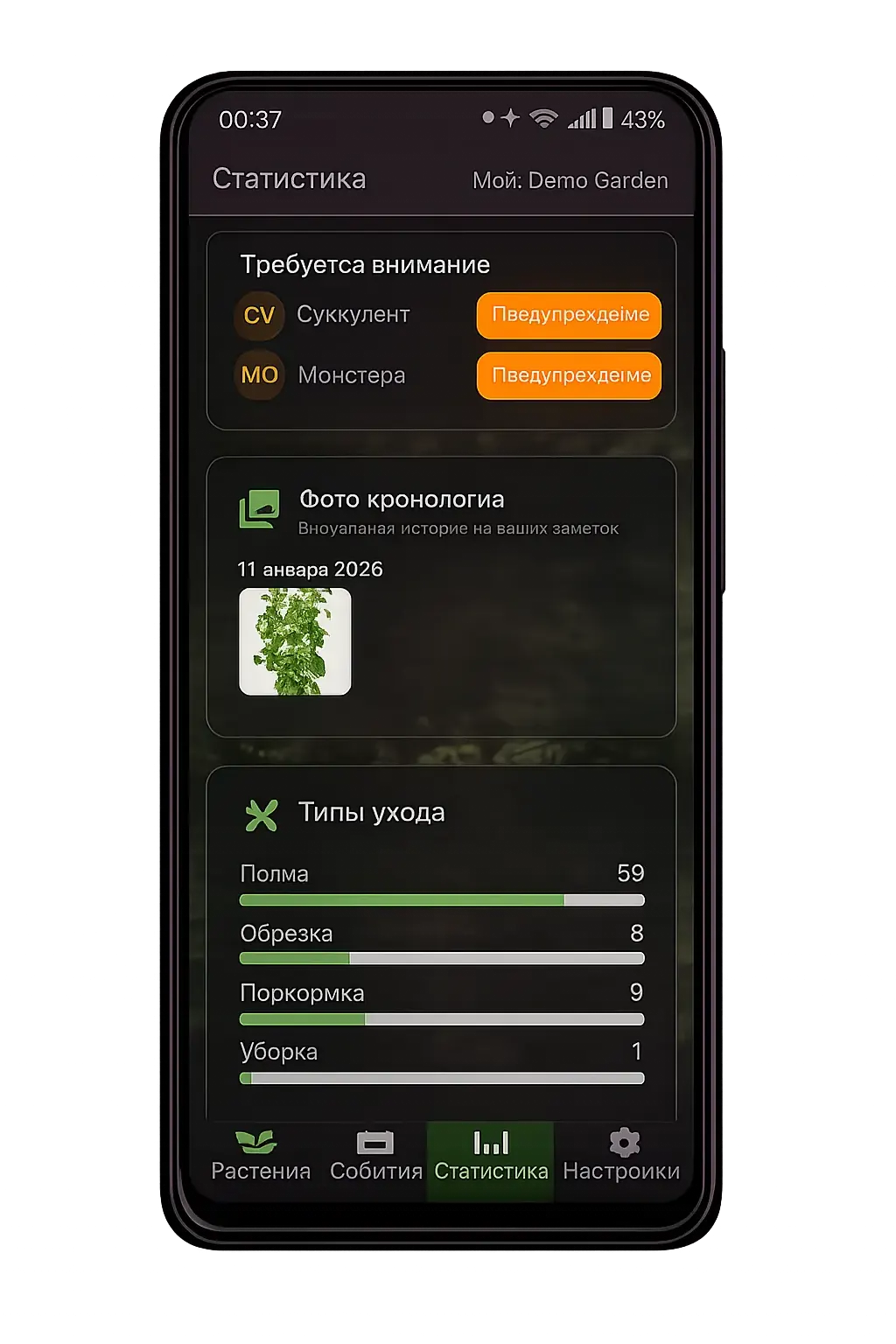 Экран GrowMaster: аналитика заботы